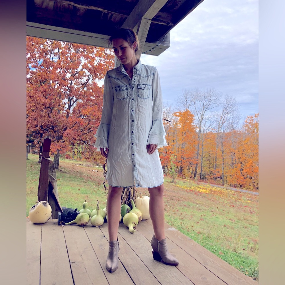 Indigo Thread Co. Denim Shirt Dress with Fringe